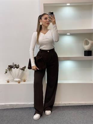 Beyaz Yaka Büzgülü Fitilli Basic Bluz