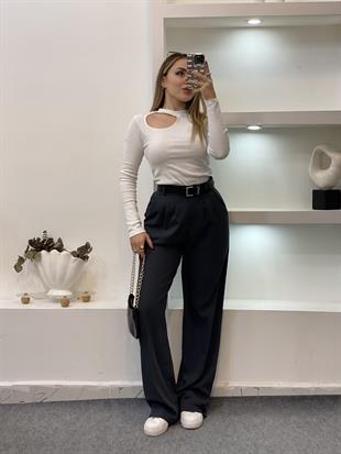 Beyaz Yaka Pencereli Fitilli Basic Bluz