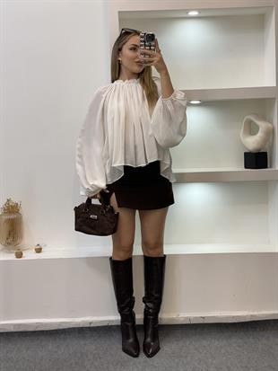 Beyaz Yakası Büzgülü Premium Seri Şifon Bluz