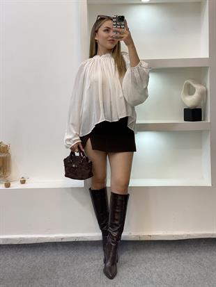 Beyaz Yakası Büzgülü Premium Seri Şifon Bluz