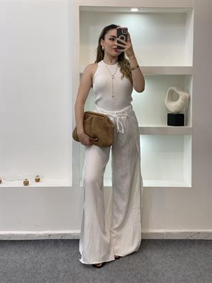 Beyaz Yanları Yırtmaçlı Beli Lastikli Palazzo Pantolon 