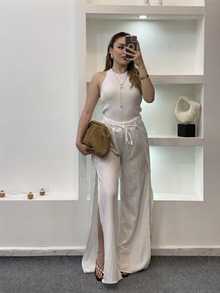 Beyaz Yanları Yırtmaçlı Beli Lastikli Palazzo Pantolon 