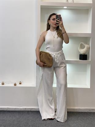 Beyaz Yanları Yırtmaçlı Beli Lastikli Palazzo Pantolon 