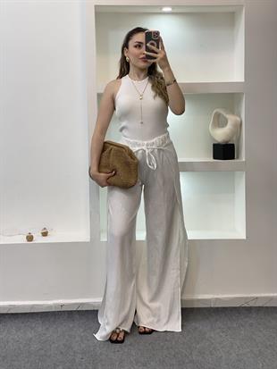 Beyaz Yanları Yırtmaçlı Beli Lastikli Palazzo Pantolon 