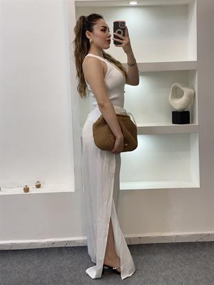 Beyaz Yanları Yırtmaçlı Beli Lastikli Palazzo Pantolon 