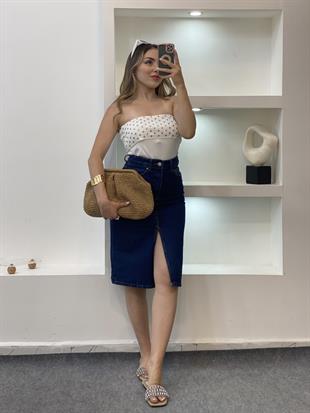 Beyaz Zımbalı Straplez Triko Bluz