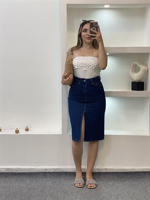Beyaz Zımbalı Straplez Triko Bluz