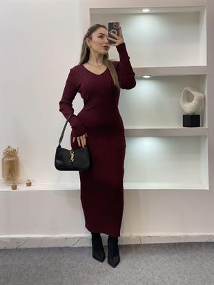 Bordo Arka Beli Kuşaklı Model Triko Elbise 