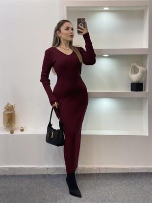 Bordo Arka Beli Kuşaklı Model Triko Elbise 