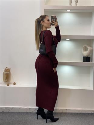Bordo Arka Beli Kuşaklı Model Triko Elbise 
