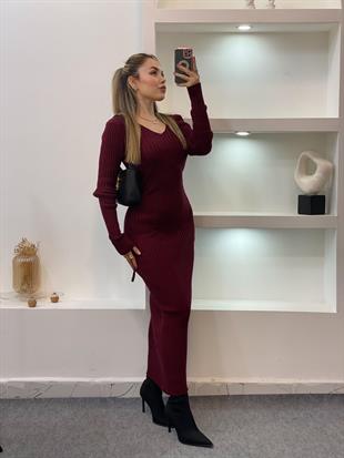 Bordo Arka Beli Kuşaklı Model Triko Elbise 