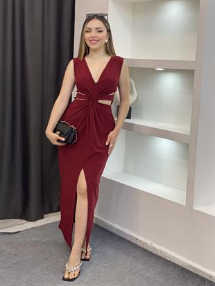 Bordo Bel Düğümlü Sandy Elbise