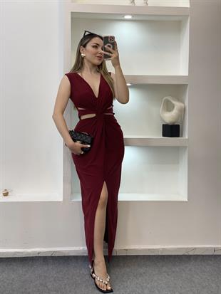 Bordo Bel Düğümlü Sandy Elbise
