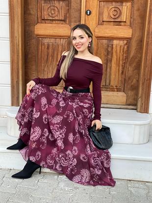 Bordo Beli Drapeli Etek