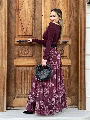 Bordo Beli Drapeli Etek