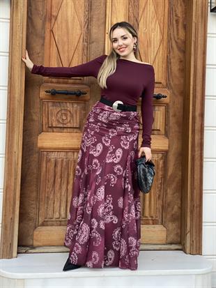 Bordo Beli Drapeli Etek