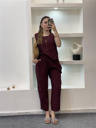 Bordo Bluz Pantolon Tensel Takım