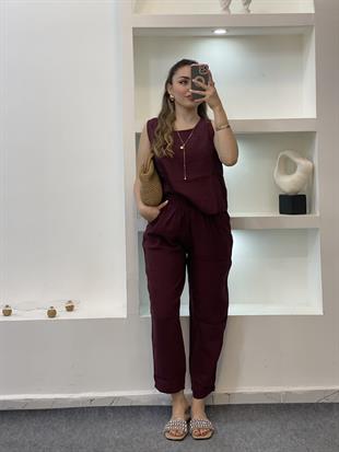 Bordo Bluz Pantolon Tensel Takım