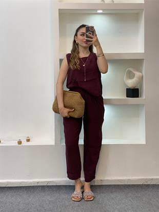 Bordo Bluz Pantolon Tensel Takım
