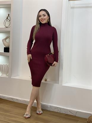 Bordo Boğazlı Bilek Gold Düğmeli Triko Elbise