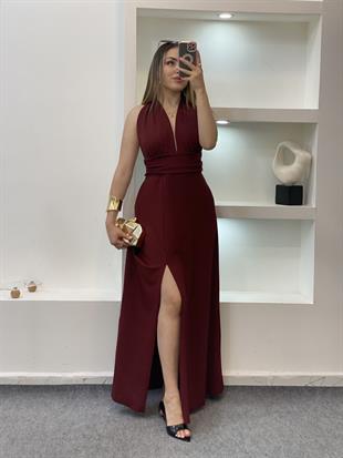 Bordo Boyundan Bağlamalı Sırt Dekolteli Elbise