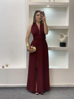 Bordo Boyundan Bağlamalı Sırt Dekolteli Elbise