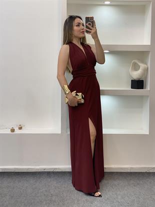 Bordo Boyundan Bağlamalı Sırt Dekolteli Elbise