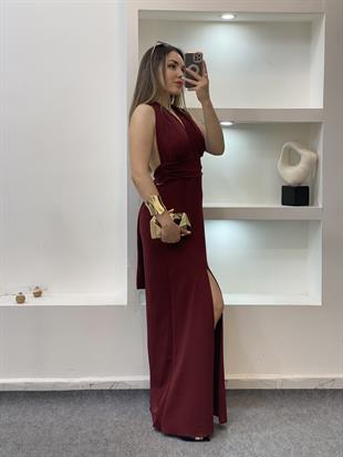 Bordo Boyundan Bağlamalı Sırt Dekolteli Elbise