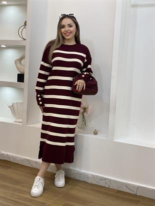 Bordo Çizgili Bilek Düğmeli Triko Elbise