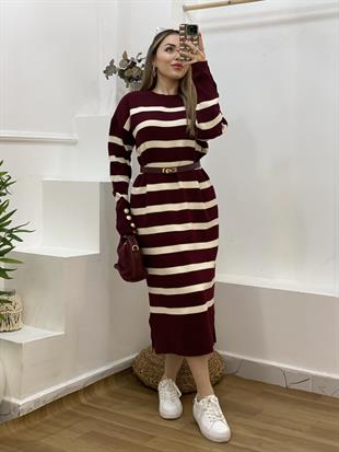 Bordo Çizgili Bilek Düğmeli Triko Elbise