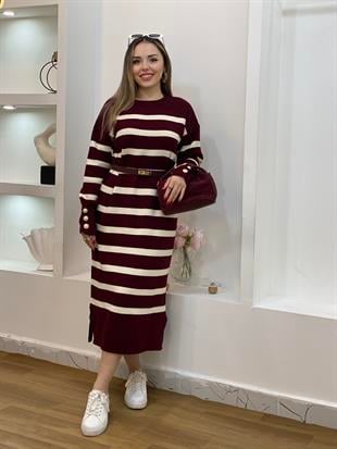 Bordo Çizgili Bilek Düğmeli Triko Elbise
