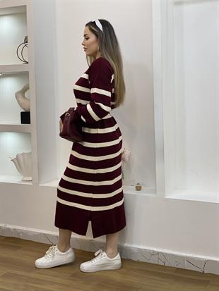 Bordo Çizgili Bilek Düğmeli Triko Elbise