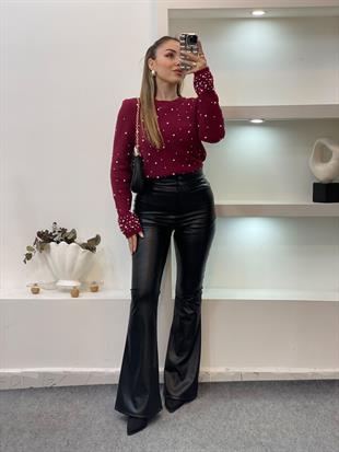 Bordo Dağınık İncili Yumoş Dokulu Kazak