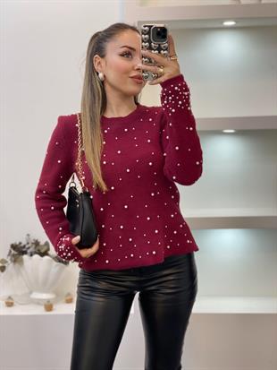 Bordo Dağınık İncili Yumoş Dokulu Kazak