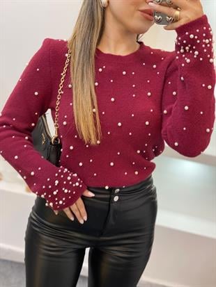 Bordo Dağınık İncili Yumoş Dokulu Kazak