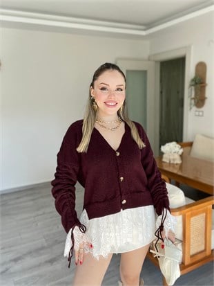 Bordo Dantel Detay Kolları Büzgülü Model Hırka