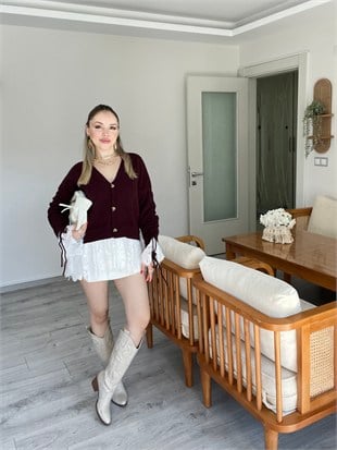Bordo Dantel Detay Kolları Büzgülü Model Hırka