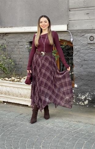 Bordo Desenli Asimetrik Kesim Etek