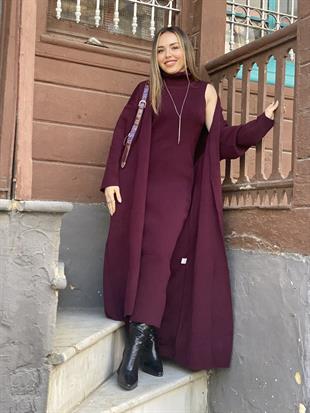 Bordo Elbise Hırka Triko Takım