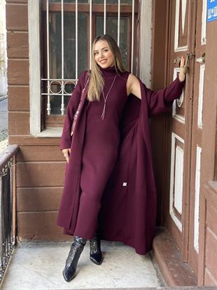 Bordo Elbise Hırka Triko Takım