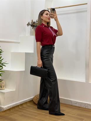 Bordo Fularlı Polo Yaka Triko 