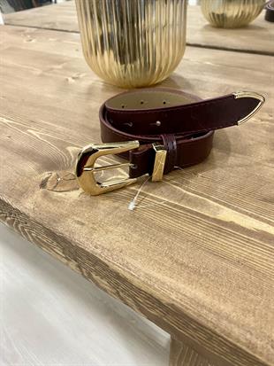 Bordo Gold Oval Tokalı Deri Kemer