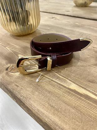 Bordo Gold Oval Tokalı Deri Kemer