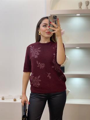 Bordo Kaşmir Dokulu Taşlı Kazak