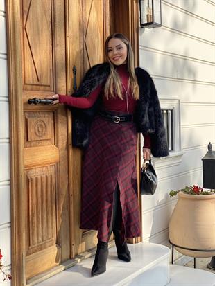 Bordo Kemerli Ekose Etek