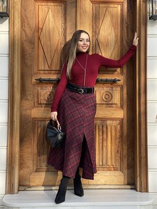 Bordo Kemerli Ekose Etek