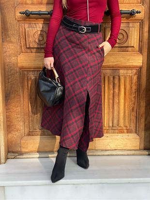 Bordo Kemerli Ekose Etek