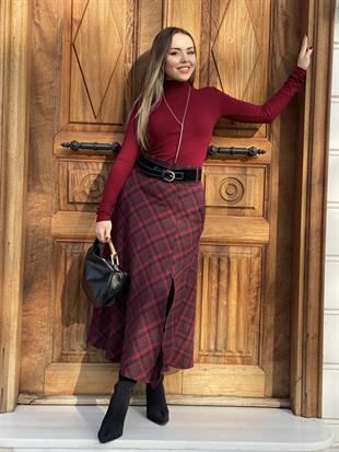 Bordo Kemerli Ekose Etek