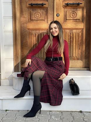 Bordo Kemerli Ekose Etek