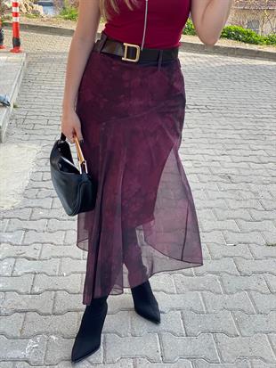 Bordo Desenli Tül Etek